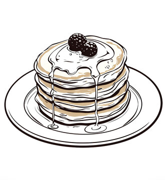 recommend clip art: Pancake stack with syrup honey and blackberries on plate, sketch vector cartoon black and white illustration