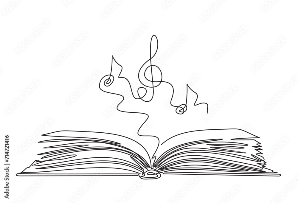 Poster book with treble clef and musical note one line art,hand drawn continuous contour.creative design.ed