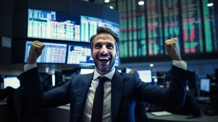 Happy trader at work with joyful facial expression. Finance and investment theme concept.