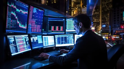 A trader concentrate focusing on computer screen in work.