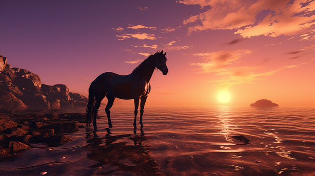A horse is standing by the sea ai generative photo