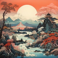 Japanese style landscape during sunset painting in traditional Japan do theme