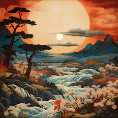 Japanese style landscape during sunset painting in traditional Japan do theme
