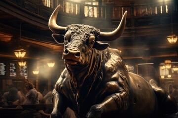 A charging powerful bull. Finance and investment bull market concept. - obrazy, fototapety, plakaty