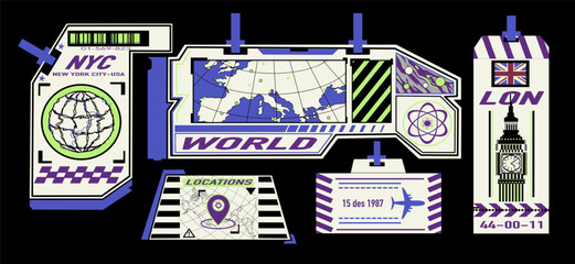HUD frames in Ski-Fi style. Cool Travel Sticker Pack. Set of cool travel London patches vector design. Retro tags. Traveling old tickets flight labels stamps. Vector set of London symbols