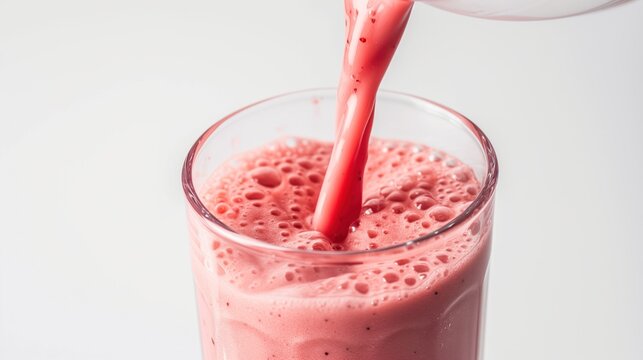 healthy raspberry and strawberry detox smoothie pouring into glass