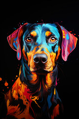 multicolored neon portrait of a Doberman looking forward, in the style of pop art on a black background.