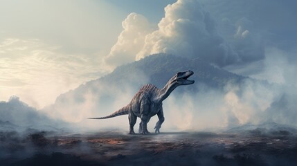 Obraz na płótnie Canvas Dinosaur stands in foggy land with smoking volcano in prehistoric environment. Photorealistic.