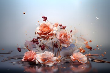 Abstract floral background with roses, paint and water drops.