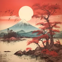 Crédence de cuisine en verre imprimé Corail landscape illustration, a vulcano, abstract, in the syle of Japanese mountain 