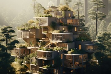 futuristic architecture of an ecological city with buildings and vegetation. Illustration