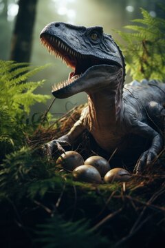 Dinosaur in nestle in forest in prehistoric environment. Photorealistic.