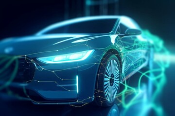 Powering electric vehicle with double exposure of charging cable and virtual technology display. Generative AI - obrazy, fototapety, plakaty