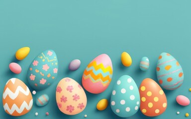 Easter banner in a minimalist style of blue pastel shades with multi-colored eggs. Concept, Easter, lots of empty space for text
