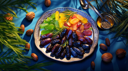 A platter of colorful dates, symbolizing the sweetness and abundance of blessings during Ramadan