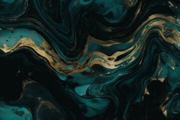 Abstract teal and black art featuring marble swirls and agate ripples. Luxurious and natural wallpaper with gold powder. Generative AI - obrazy, fototapety, plakaty