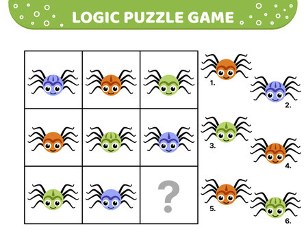 Logic puzzle game. Halloween spiders. For kids. Cartoon, flat