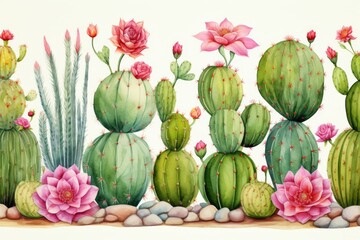 Watercolor seamless border cactus pattern.