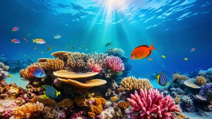 Fototapeten Underwater view of a colorful sea coral reef with fishes. Ocean ecosystem. Generative AI © AngrySun