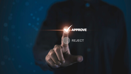Approve document concept. Businessman touch on tick correct mark to approval icon digital virtual...
