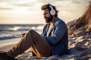 Portrait of a handsome young man enjoying listening to music30