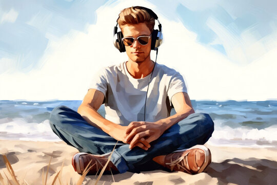 Portrait of a handsome young man enjoying listening to music31