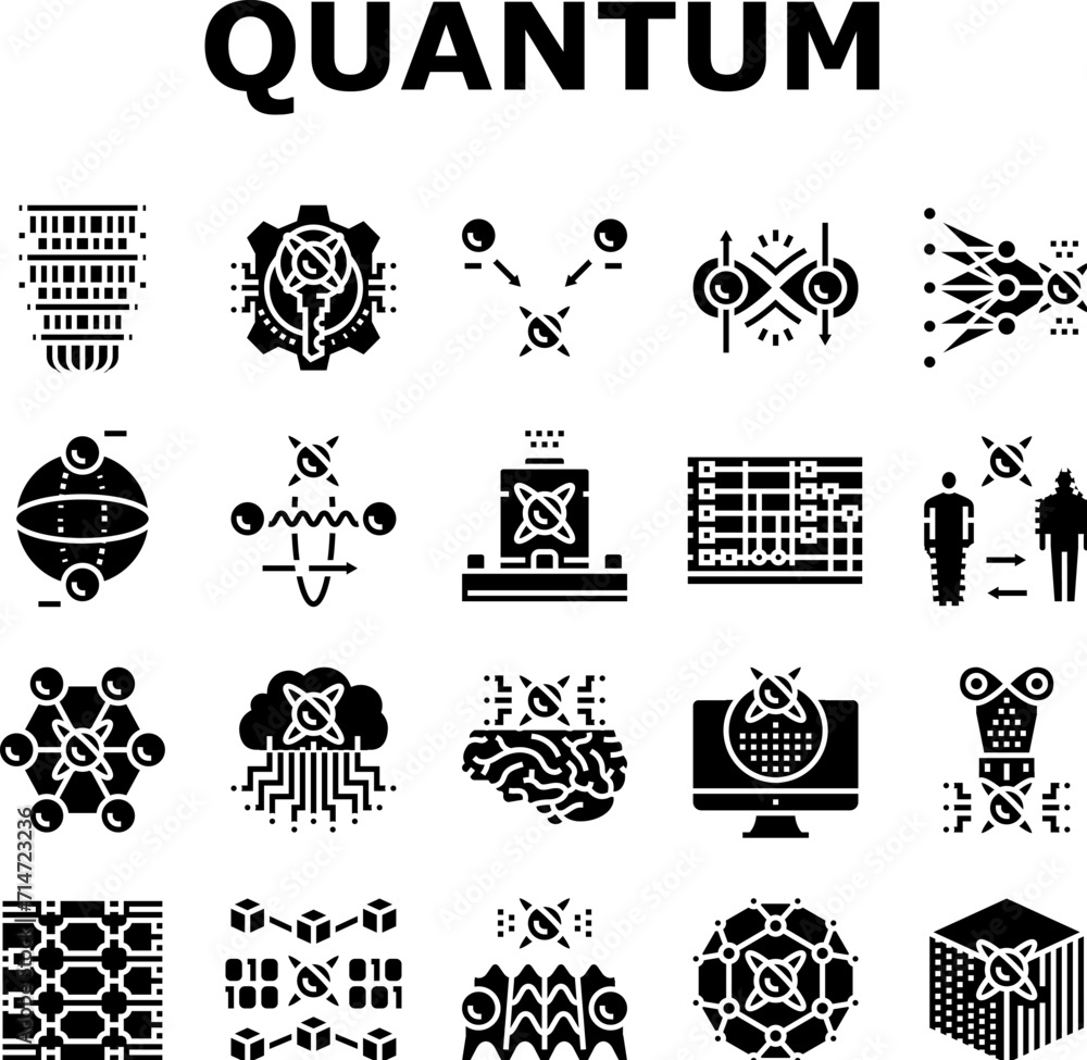 Aufkleber quantum technology data science icons set vector. computer tech, abstract ai, network cyber, chip se