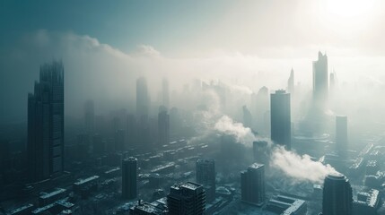 Cold winter with heavy snow of a futuristic city with modern skyscraper buildings. - obrazy, fototapety, plakaty