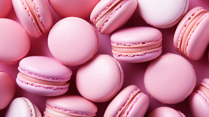 Obraz premium Pink strawberry macarons backdrop. View from above. Aesthetic delicious background. Pastel colour palette. Generative AI