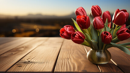 tulips on wooden table