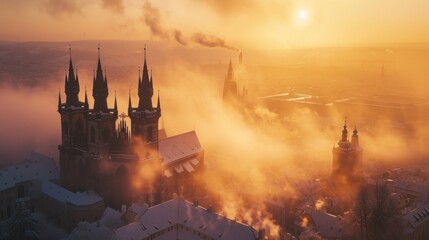 Beautiful historical buildings in winter with snow and fog in Prague city in Czech Republic in Europe. - Powered by Adobe