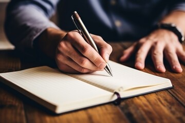 Man writes on empty notebook page with pen sitting at wooden table in room closeup