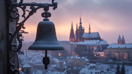 Bell closeup view with beautiful historical buildings at sunrise in winter in Prague city in Czech Republic in Europe.