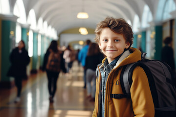 Happy cute schoolboy with backpack against the backdrop of a school corridor. Generate AI