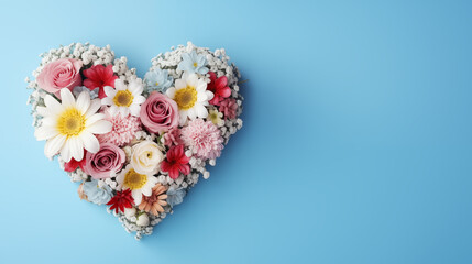 Beautiful bouquet of flowers in heart shape on blue background. Valentine's day, mother's day, women's Day background with space for text. Generate AI