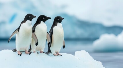 Adelie penguins stand on an iceberg.    