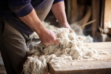 Old man gathers sheared sheep wool from ground on farm yard woven material producing
