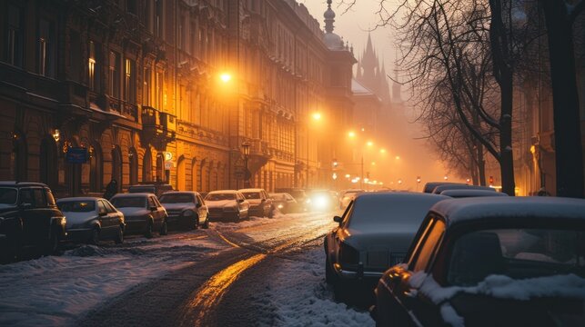 Fototapeta Vintage car in the street of Prague in winter. Czech Republic in Europe.