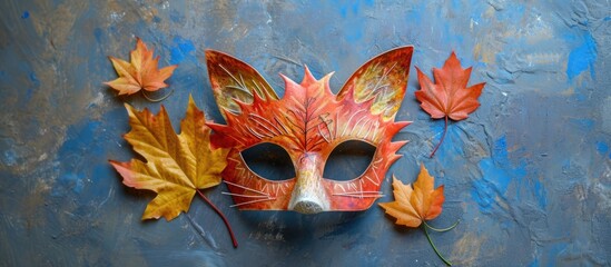 Children's DIY art project: Cat Fox mask with autumn leaf drawing.