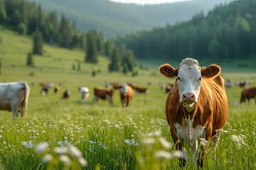 Cow eating grass on a green meadow