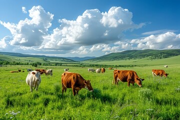 Naklejka na ściany i meble Cow eating grass on a green meadow