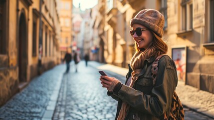 Lifestyle portrait of young traveler in street with historic buildings in the city of Prague, Czech Republic in Europe. - obrazy, fototapety, plakaty