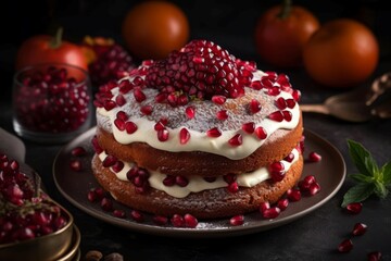 Sponge cake pomegranates on kitchen table. Cream table sweet home dessert. Generate Ai