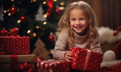 Fototapeta na wymiar Happy cute girl is surprised in opening his christmas presents