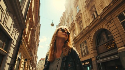 Fototapeta premium Lifestyle portrait of young traveler in street with historic buildings in the city of Prague, Czech Republic in Europe.