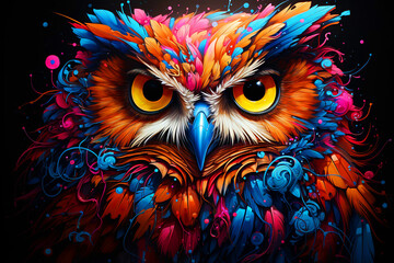 Abstract, multicolored neon portrait of an owl looking forward, in the style of pop art on a black background.