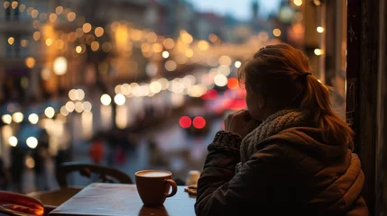 Fotobehang Back view of a lady with coffee and night street with historic buildings in the city of Prague, Czech Republic in Europe. © Joyce
