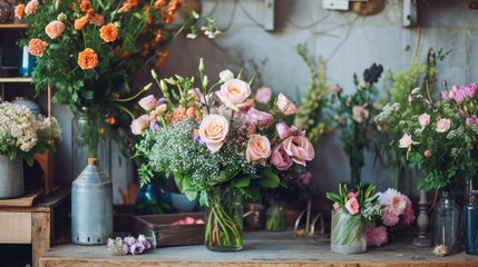 Fototapeta na wymiar Florist workplace: flowers and accessories 