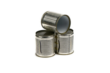 Open old metal tin cans isolated on white background.