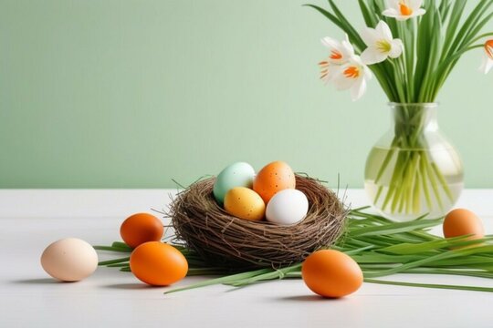 Easter still life with eggs in a nest and spring fresh flowers.
